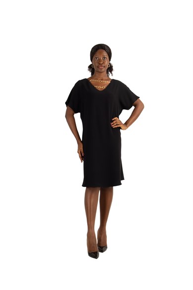 V-Neck Dress With Chain Detail on Neck and Back - Black