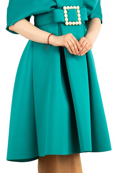 V- Neck Flare Scuba Dress With Pearl Belt - Benetton Green