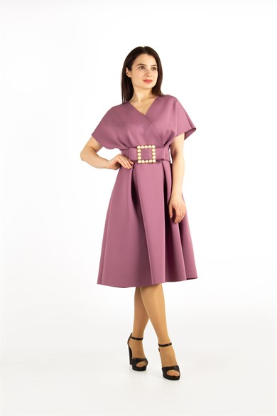 V- Neck Flare Scuba Dress With Pearl Belt - Rusy Rose