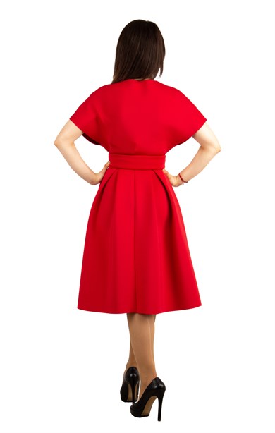 V- Neck Flare Scuba Dress With Pearl Belt - Red