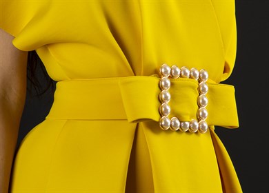 V- Neck Flare Scuba Dress With Pearl Belt - Mustard