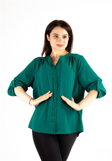 V Neck Frilled Women Shirt - Emerald Green