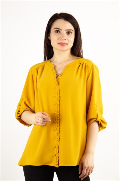 V Neck Frilled Women Shirt - Mustard