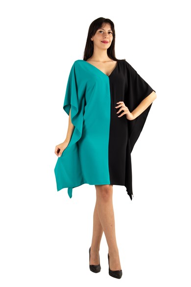 V Neck Two Tone Batwing Sleeve Dress - Benetton Green