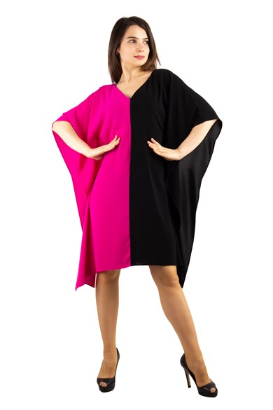 V Neck Two Tone Batwing Sleeve Dress - Fuchsia
