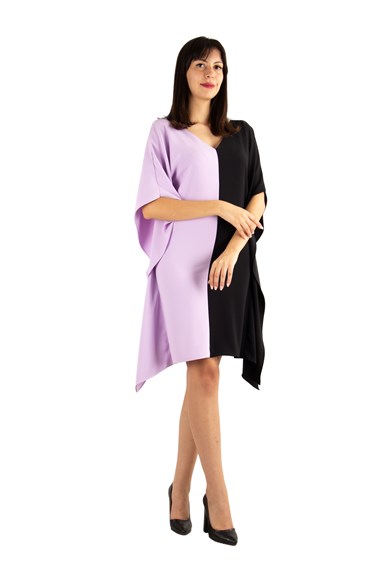 V Neck Two Tone Batwing Sleeve Dress - Lilac