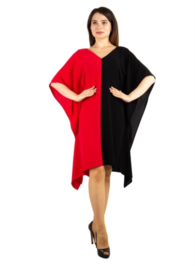 V Neck Two Tone Batwing Sleeve Dress - Red