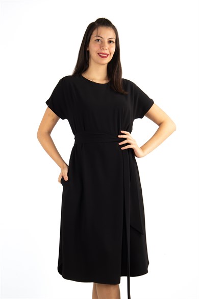 Waist Tie Flare Plain Midi Big Size Dress - Black
