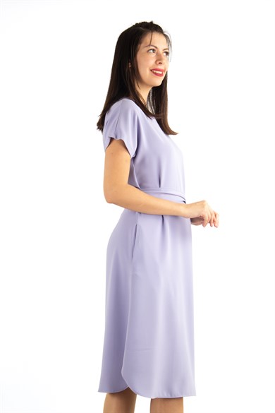 Waist Tie Flare Plain Midi Big Size Dress - Lilac
