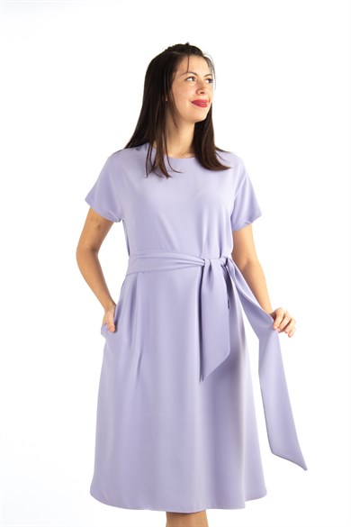 Waist Tie Flare Plain Midi Big Size Dress - Lilac
