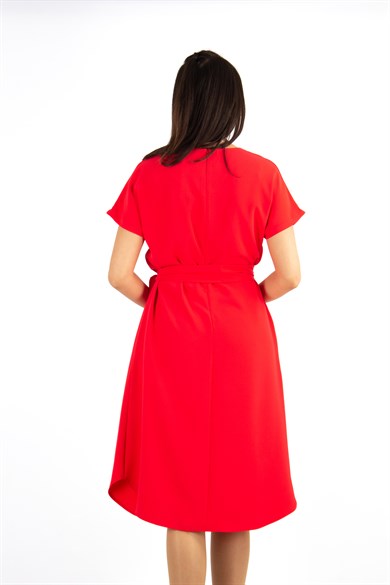 Waist Tie Flare Plain Midi Big Size Dress - Red