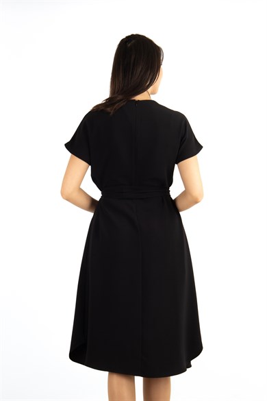 Waist Tie Flare Plain Midi Dress - Black