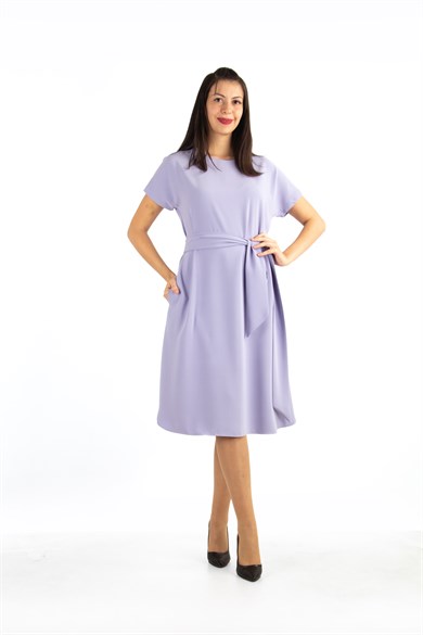 Waist Tie Flare Plain Midi Dress - Lilac