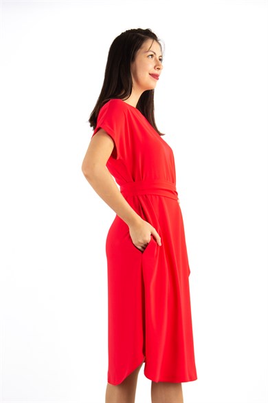 Waist Tie Flare Plain Midi Dress - Red