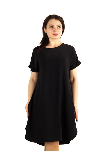 Waist Tie Flare Plain Mini Big Size Dress - Black