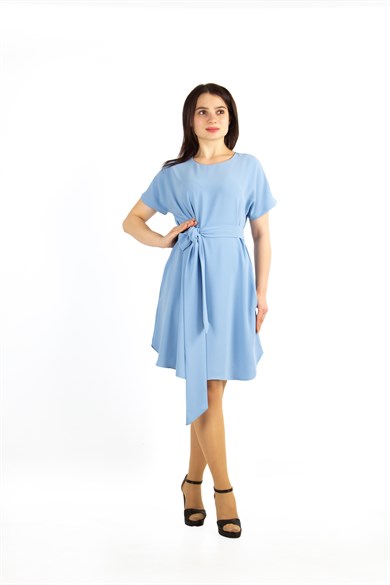 Waist Tie Flare Plain Mini Big Size Dress - Baby Blue