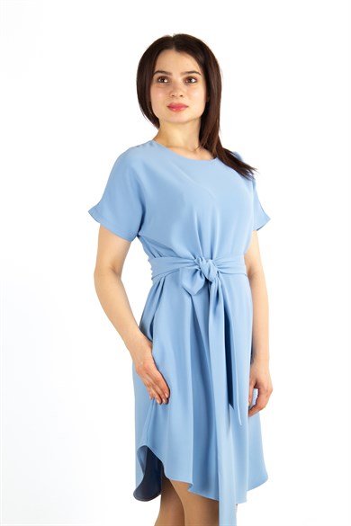 Waist Tie Flare Plain Mini Big Size Dress - Baby Blue