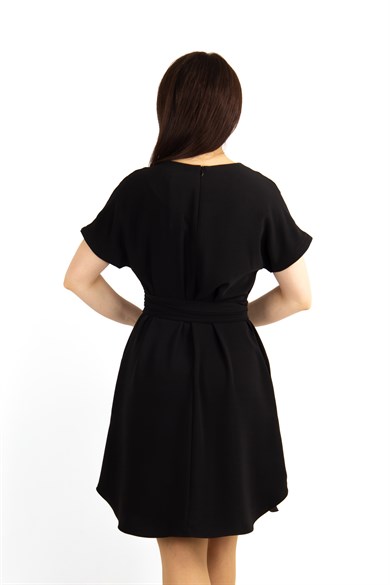 Waist Tie Flare Plain Mini Big Size Dress - Black