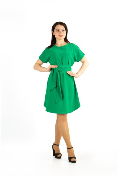 Waist Tie Flare Plain Mini Big Size Dress - Green