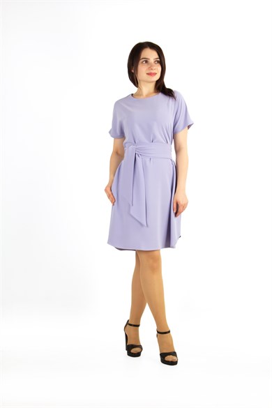 Waist Tie Flare Plain Mini Big Size Dress - Lilac