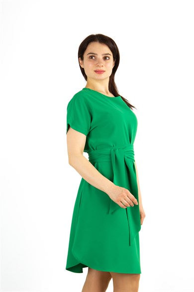 Waist Tie Flare Plain Mini Big Size Dress - Green