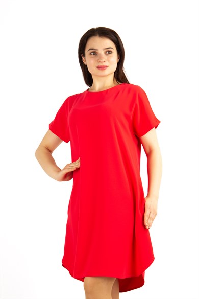Waist Tie Flare Plain Mini Big Size Dress - Red