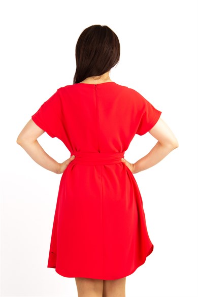Waist Tie Flare Plain Mini Big Size Dress - Red