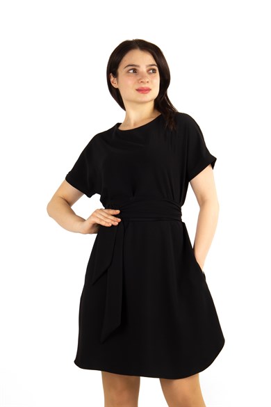 Waist Tie Flare Plain Mini Dress - Black