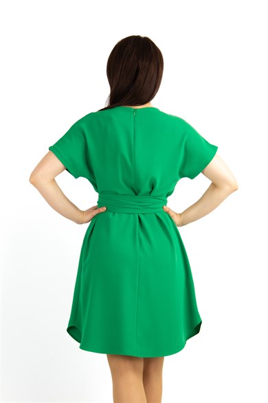 Waist Tie Flare Plain Mini Dress - Grass Green