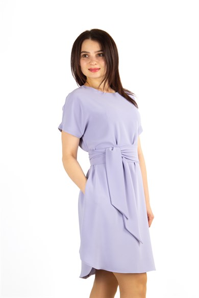 Waist Tie Flare Plain Mini Dress - Lilac
