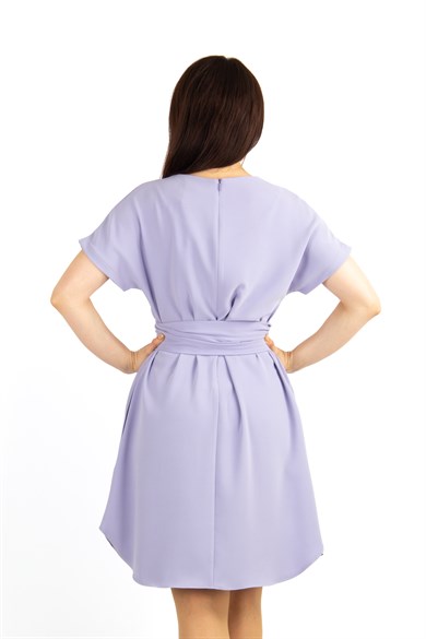 Waist Tie Flare Plain Mini Dress - Lilac