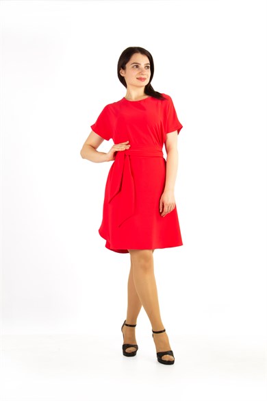 Waist Tie Flare Plain Mini Dress - Red