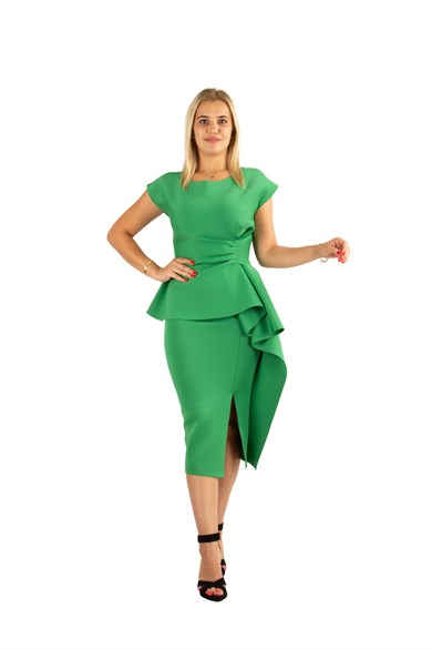 Waist Twisted Peplum Scuba Big Size Dress - Grass Green