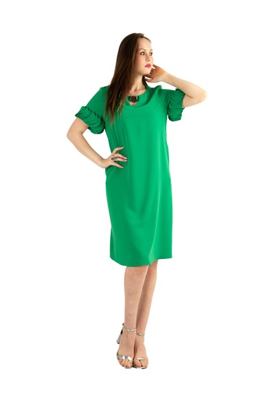 Wavy Short Sleeves Big Size Dress - Grass Green