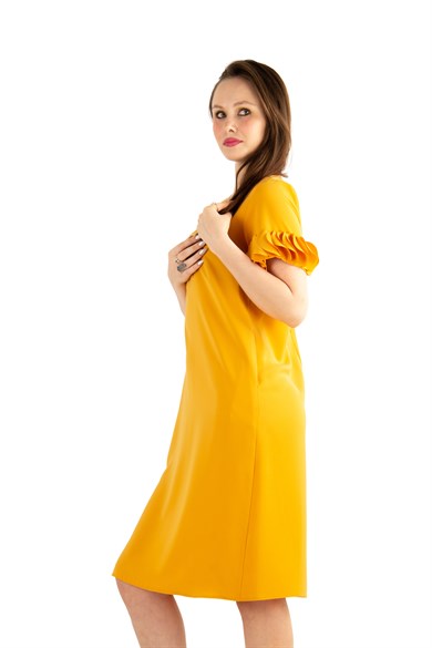 Wavy Short Sleeves Big Size Dress - Mustard