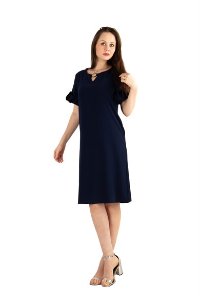 Wavy Short Sleeves Big Size Dress - Navy Blue