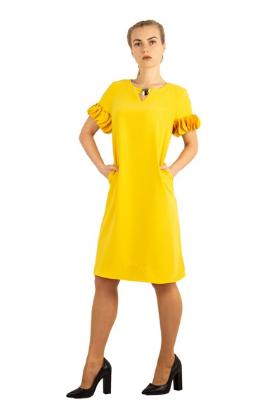 Wavy Short Sleeves Big Size Dress - Yellow