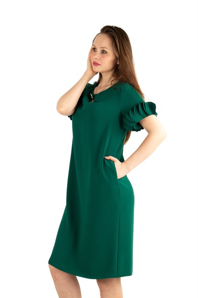 Wavy Short Sleeves Dress - Emerald Green