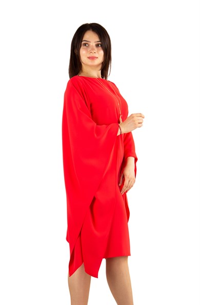 Wide Long Sleeves Elegant Dress - Red