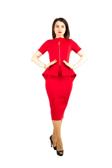Zipper Detailed Peplum Big Size Dress - Red