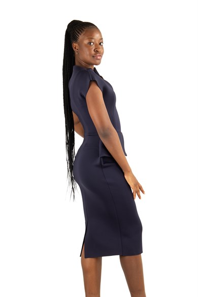 Zipper Detailed Peplum Big Size Dress - Navy Blue