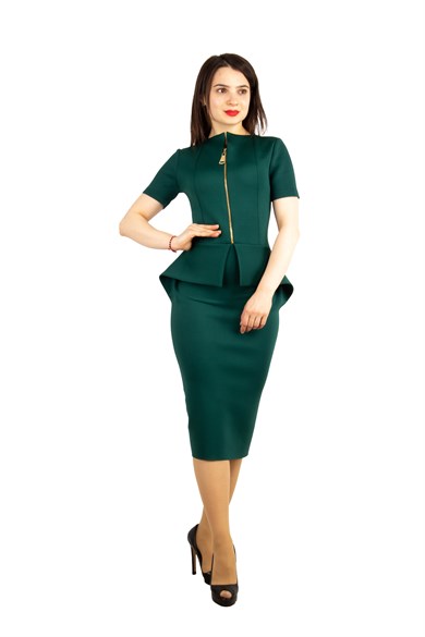 Zipper Detailed Peplum Big Size Dress - Emerald Green