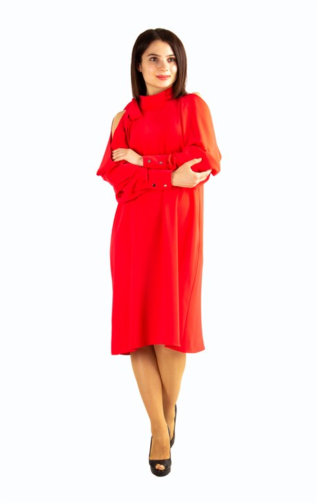 Tie Cold Shoulder Dress - Red