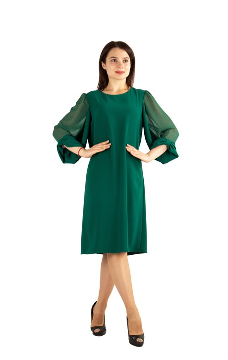 Tulle-Sleeve Plain Midi Dress - Emerald Green