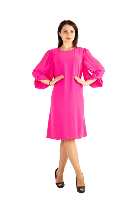 Tulle-Sleeve Plain Midi Dress