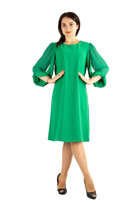 Tulle-Sleeve Plain Midi Dress - Grass Green