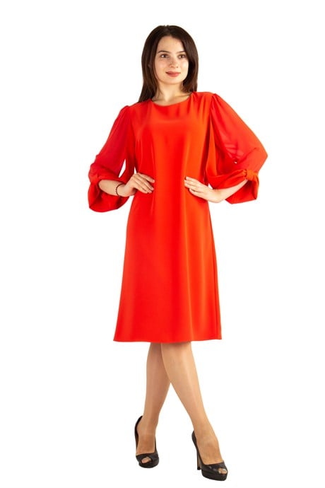 Tulle-Sleeve Plain Midi Dress - Orange