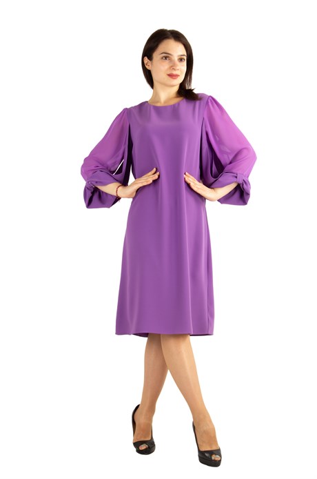 Tulle-Sleeve Plain Midi Dress - Purple
