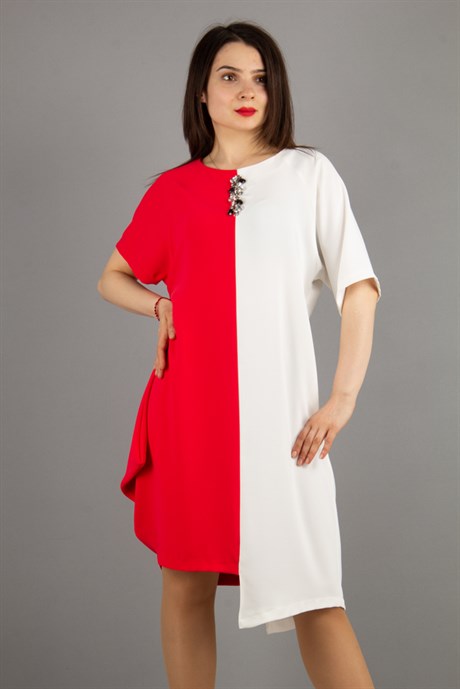 Two Tone Batwing Sleeve Dress With Brooch