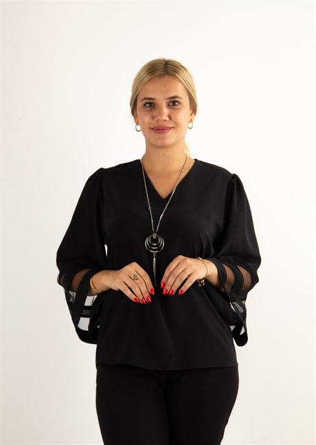 V Neck Bell Sleeve with Tulle Detail Big Size Blouse